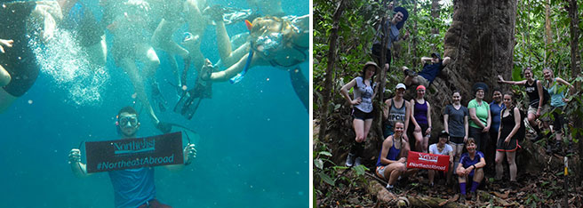 2 pictures of students in Costa Rica holding Northeast signs, one picture underwater snorkeling and one picture in front of a tree in a forest