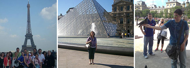 Northeast students visiting France's Eiffel Tower and the Louvre.